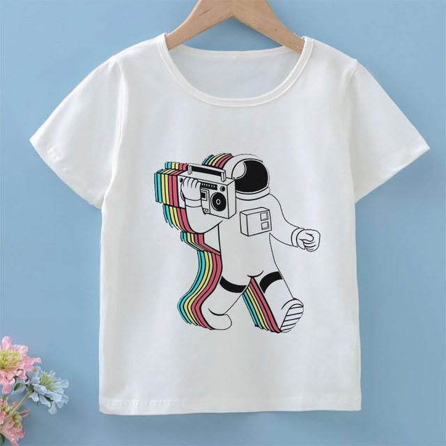 Koszulka dziecięca z krótkim rękawem i wzorem astronauty - biała, do noszenia na co dzień - Wianko - 5