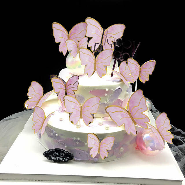 Zestaw 2 ozdób na tort w kolorze różowym i fioletowym z motylami na szczęśliwe urodziny oraz dekoracje weselne do pieczenia ciasta - Wianko - 19