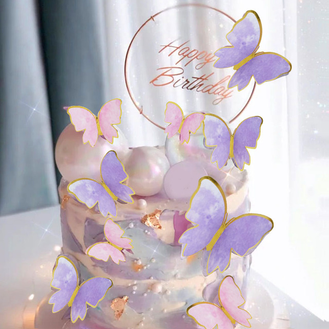Zestaw 2 ozdób na tort w kolorze różowym i fioletowym z motylami na szczęśliwe urodziny oraz dekoracje weselne do pieczenia ciasta - Wianko - 12