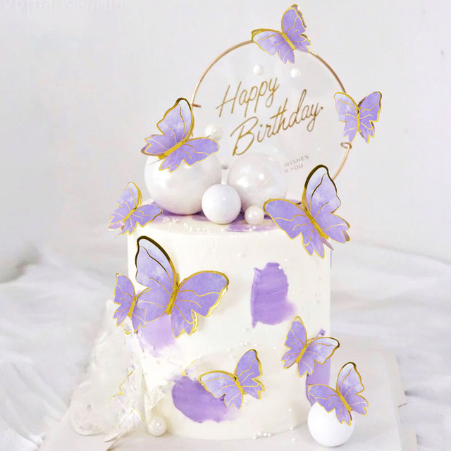 Zestaw 2 ozdób na tort w kolorze różowym i fioletowym z motylami na szczęśliwe urodziny oraz dekoracje weselne do pieczenia ciasta - Wianko - 6