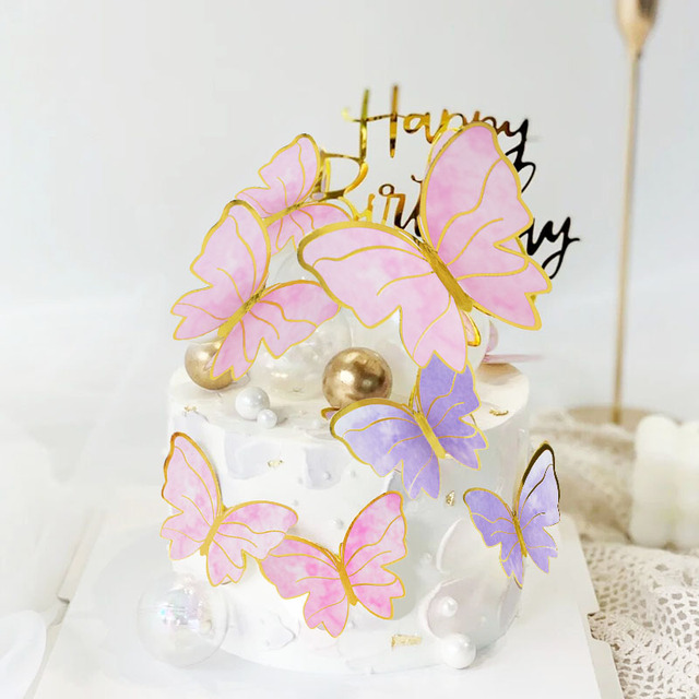 Zestaw 2 ozdób na tort w kolorze różowym i fioletowym z motylami na szczęśliwe urodziny oraz dekoracje weselne do pieczenia ciasta - Wianko - 5
