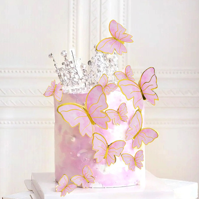 Zestaw 2 ozdób na tort w kolorze różowym i fioletowym z motylami na szczęśliwe urodziny oraz dekoracje weselne do pieczenia ciasta - Wianko - 17