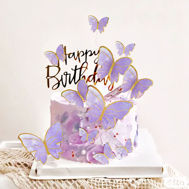 Zestaw 2 ozdób na tort w kolorze różowym i fioletowym z motylami na szczęśliwe urodziny oraz dekoracje weselne do pieczenia ciasta - Wianko - 9