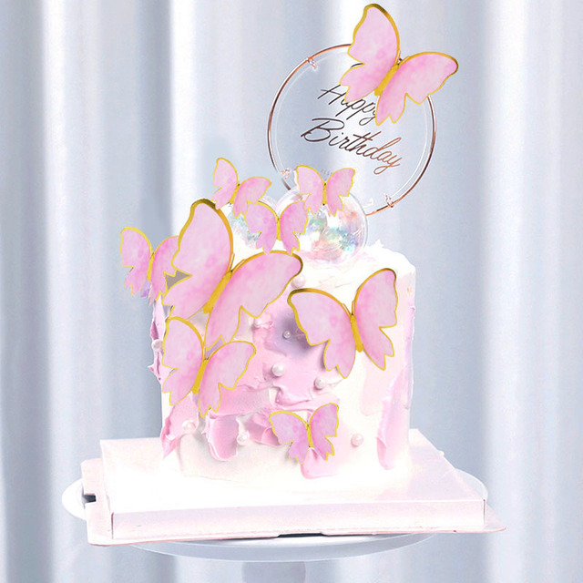 Zestaw 2 ozdób na tort w kolorze różowym i fioletowym z motylami na szczęśliwe urodziny oraz dekoracje weselne do pieczenia ciasta - Wianko - 13