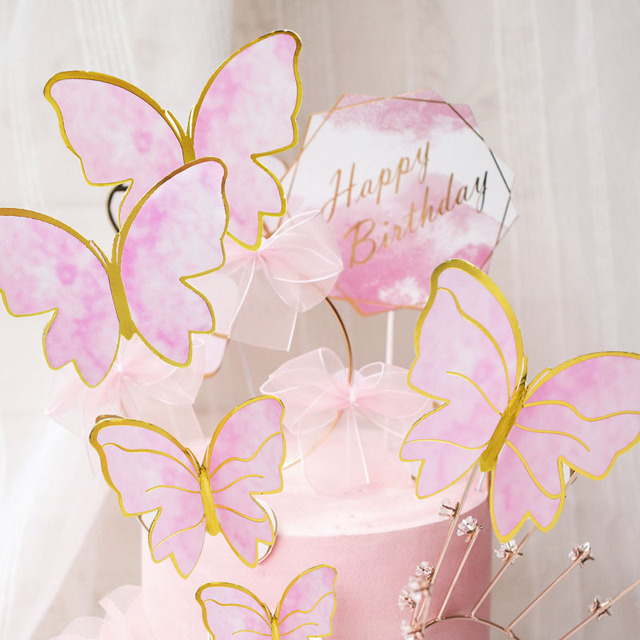 Zestaw 2 ozdób na tort w kolorze różowym i fioletowym z motylami na szczęśliwe urodziny oraz dekoracje weselne do pieczenia ciasta - Wianko - 10
