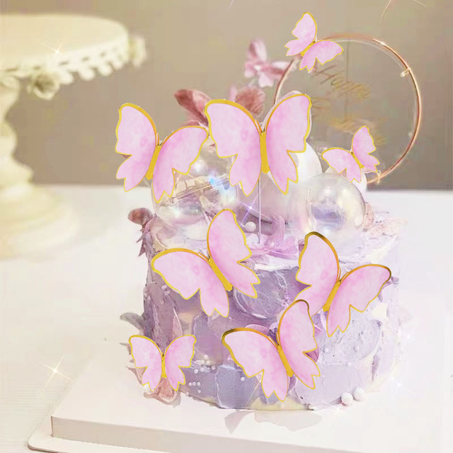 Zestaw 2 ozdób na tort w kolorze różowym i fioletowym z motylami na szczęśliwe urodziny oraz dekoracje weselne do pieczenia ciasta - Wianko - 8
