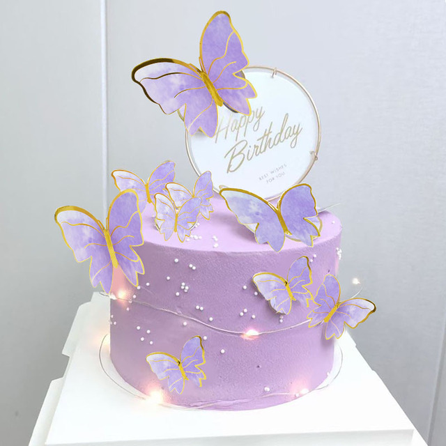 Zestaw 2 ozdób na tort w kolorze różowym i fioletowym z motylami na szczęśliwe urodziny oraz dekoracje weselne do pieczenia ciasta - Wianko - 18
