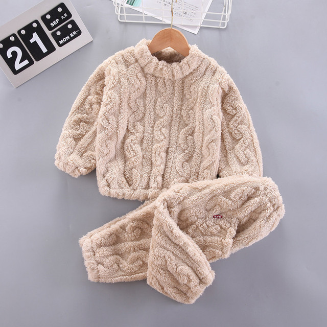 Jesienno-zimowe ubrania domowe dla niemowląt: pluszowy sweter i spodnie o jednolitym kolorze dla chłopców i małych dziewcząt - Wianko - 12