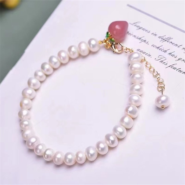 Bransoletka z naturalną perłą słodkowodną, truskawkowym kwarcem i różowym kryształem - biżuteria dla kobiet, prezent urodzinowy - Wianko - 3