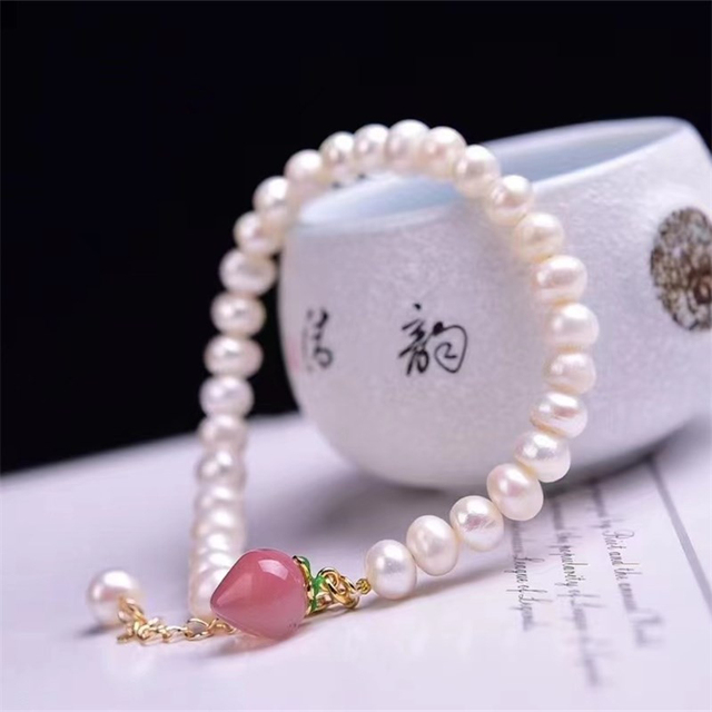 Bransoletka z naturalną perłą słodkowodną, truskawkowym kwarcem i różowym kryształem - biżuteria dla kobiet, prezent urodzinowy - Wianko - 7
