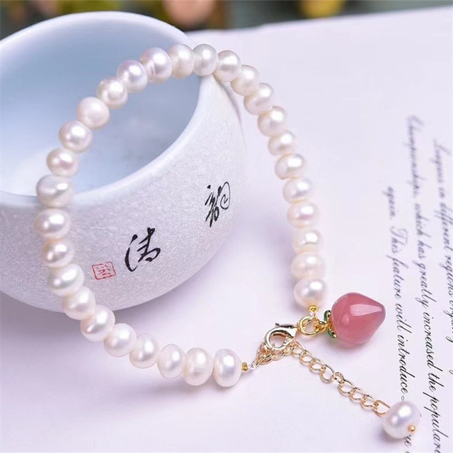 Bransoletka z naturalną perłą słodkowodną, truskawkowym kwarcem i różowym kryształem - biżuteria dla kobiet, prezent urodzinowy - Wianko - 2