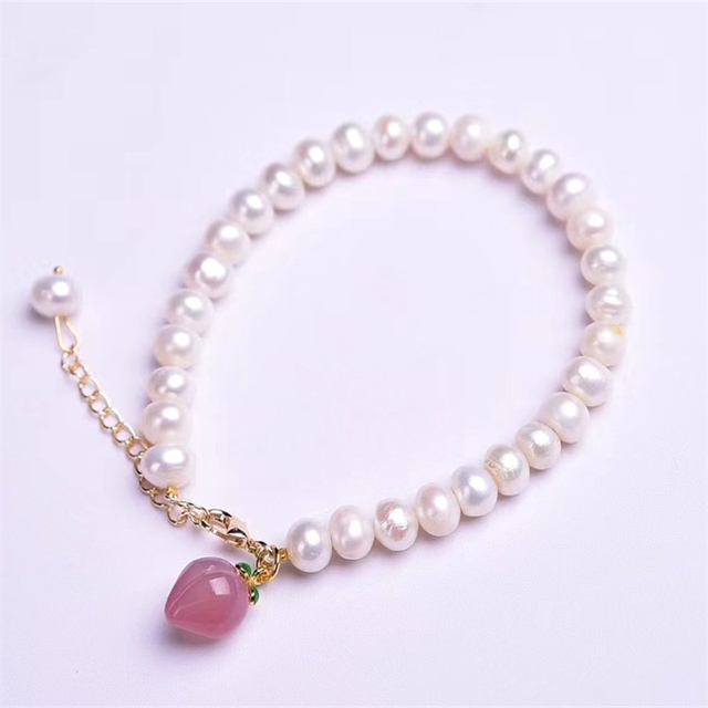 Bransoletka z naturalną perłą słodkowodną, truskawkowym kwarcem i różowym kryształem - biżuteria dla kobiet, prezent urodzinowy - Wianko - 4