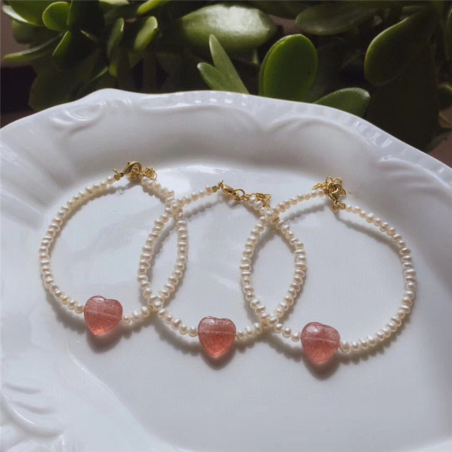 Bransoletka z naturalną perłą słodkowodną, truskawkowym kwarcem i różowym kryształem - biżuteria dla kobiet, prezent urodzinowy - Wianko - 1