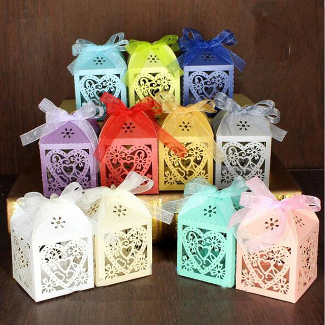 10 sztuk serce miłość laserowo wycinane Hollow pudełka na prezenty cukierki z wstążką Baby Shower weselne - Wianko - 2