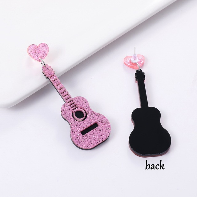 Klasyczne różowo-czarne gitary - eleganckie, retro stylowe kolczyki wiszące, idealne na festiwale muzyczne - Wianko - 5