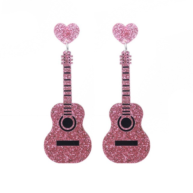 Klasyczne różowo-czarne gitary - eleganckie, retro stylowe kolczyki wiszące, idealne na festiwale muzyczne - Wianko - 6