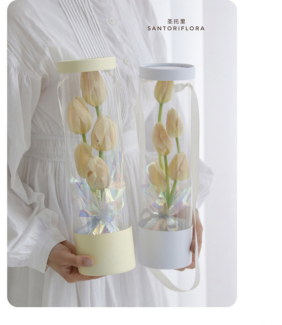 Pudełko kwiatowe na Dzień Matki z przenośnym przezroczystym oknem i kompozycją kwiatową w formie cylindra - Wianko - 9