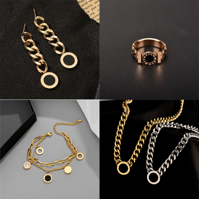 Zestaw biżuterii damskiej Meyroyu z nierdzewnej stali: punkowe cyfry rzymskie, moda 2021, bransoletka, naszyjnik, kolczyki, pierścionek - Wianko - 1