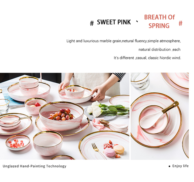 Różowe talerze marmurowe ceramiczne, głęboka miska zastawa stołowa - Wianko - 29