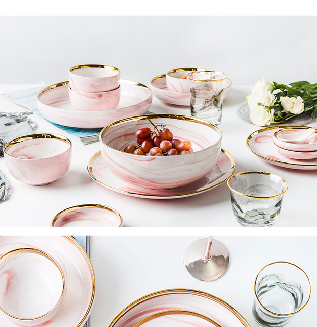 Różowe talerze marmurowe ceramiczne, głęboka miska zastawa stołowa - Wianko - 31