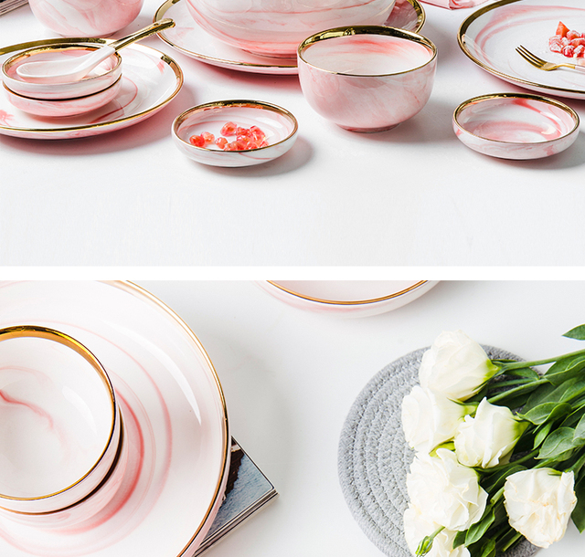 Różowe talerze marmurowe ceramiczne, głęboka miska zastawa stołowa - Wianko - 21