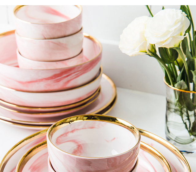 Różowe talerze marmurowe ceramiczne, głęboka miska zastawa stołowa - Wianko - 23