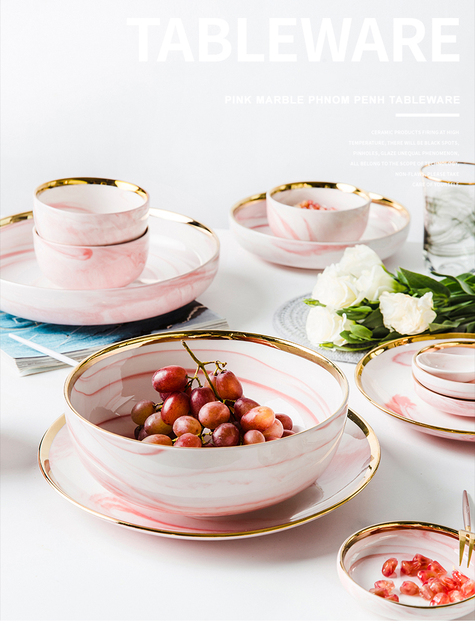 Różowe talerze marmurowe ceramiczne, głęboka miska zastawa stołowa - Wianko - 17
