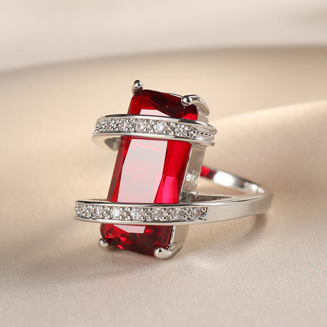 Pierścień damski z czerwonym i różowym cyrkonem w kolorze srebrnym, ozdobiony krzyżem, rozmiar 6-10 - Wianko - 8
