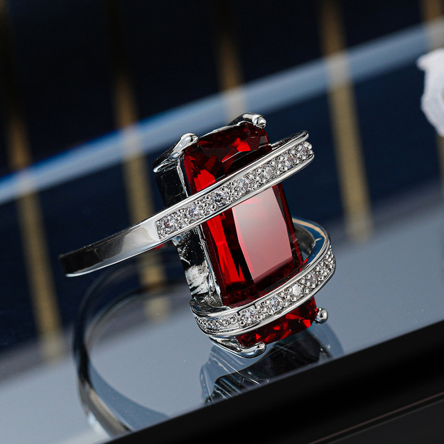 Pierścień damski z czerwonym i różowym cyrkonem w kolorze srebrnym, ozdobiony krzyżem, rozmiar 6-10 - Wianko - 7