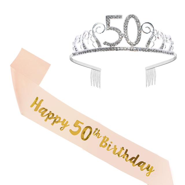 Korona Tiara Dekoracja Urodzinowa - Rhinestone Crystal Happy 18/21/30/40/50 Urodziny CPU Satynowa Szarfa - Wianko - 8