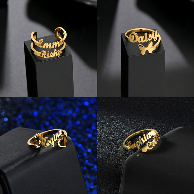 Personalizowany podwójny pierścionek z imionami - stal nierdzewna, regulowana, tabliczka znamionowa - prezent ślubny dla par - biżuteria dla pań - Wianko - 10