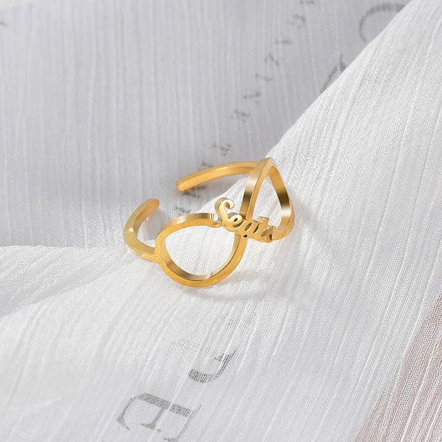 Personalizowany podwójny pierścionek z imionami - stal nierdzewna, regulowana, tabliczka znamionowa - prezent ślubny dla par - biżuteria dla pań - Wianko - 6