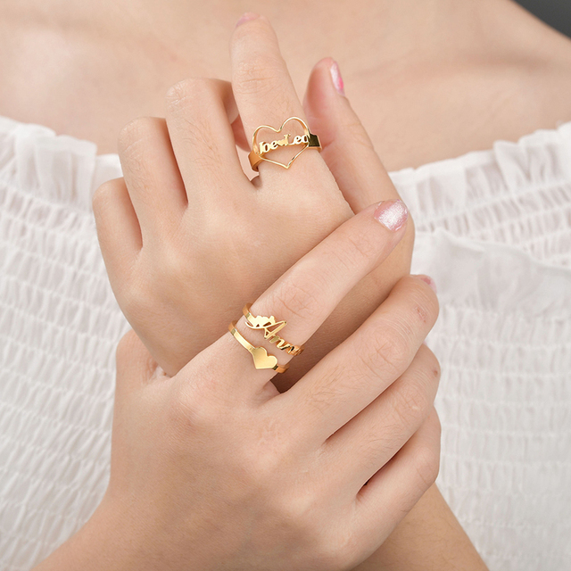 Personalizowany podwójny pierścionek z imionami - stal nierdzewna, regulowana, tabliczka znamionowa - prezent ślubny dla par - biżuteria dla pań - Wianko - 8