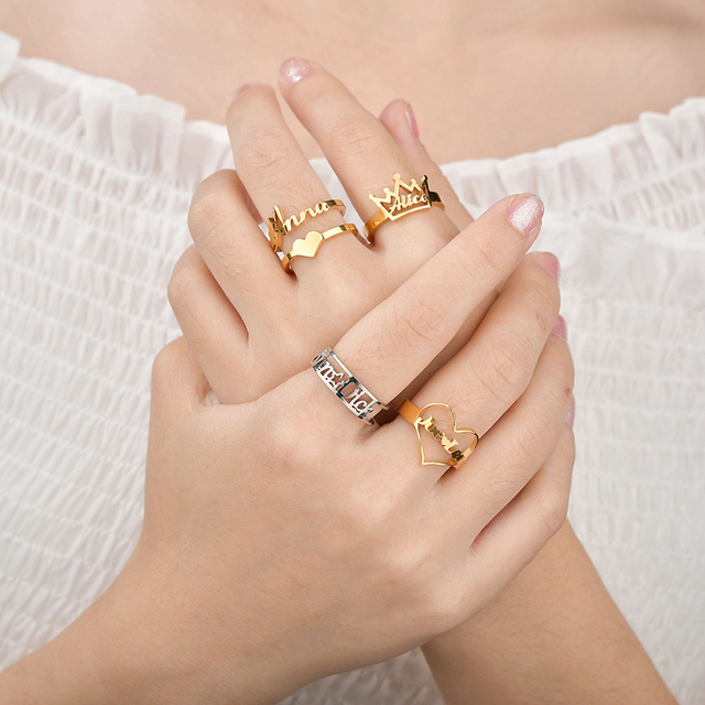 Personalizowany podwójny pierścionek z imionami - stal nierdzewna, regulowana, tabliczka znamionowa - prezent ślubny dla par - biżuteria dla pań - Wianko - 4