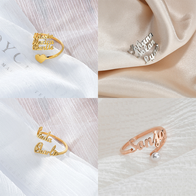 Personalizowany podwójny pierścionek z imionami - stal nierdzewna, regulowana, tabliczka znamionowa - prezent ślubny dla par - biżuteria dla pań - Wianko - 5
