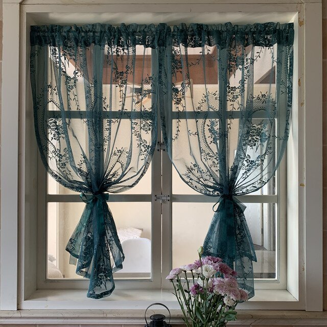 Zielona francuska rokoko zasłona kuchenna na okno do sypialni z moskitierą i drzwiami działowymi - wiejski styl - Wianko - 3