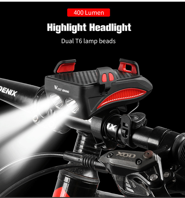 Wielofunkcyjne światło rowerowe WEST BIKING 4 w 1: 400 lumenów, latarka rowerowa, klakson, uchwyt telefonu i Power Bank - Wianko - 10