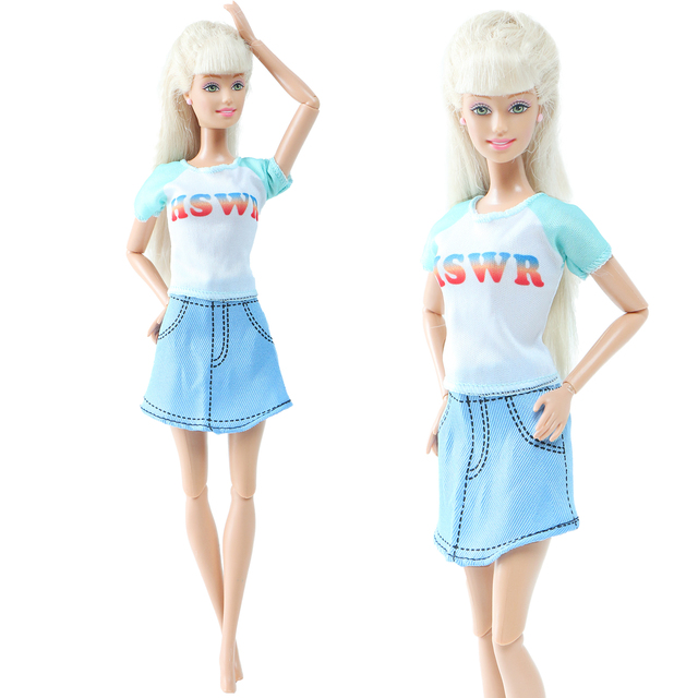 BJDBUS Modne ubrania dla lalek Barbie: codzienna letnia odzież - mini sukienka, niebieska spódnica, T-shirt, bluzka - akcesoria do domku dla lalek - Wianko - 1