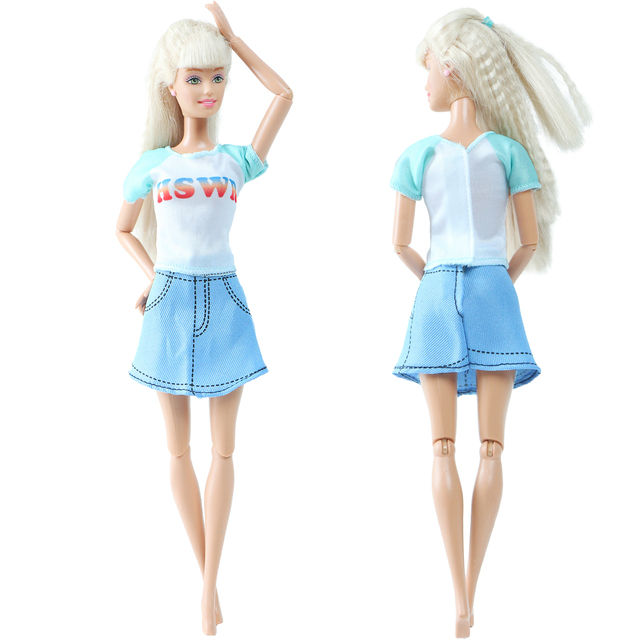 BJDBUS Modne ubrania dla lalek Barbie: codzienna letnia odzież - mini sukienka, niebieska spódnica, T-shirt, bluzka - akcesoria do domku dla lalek - Wianko - 3