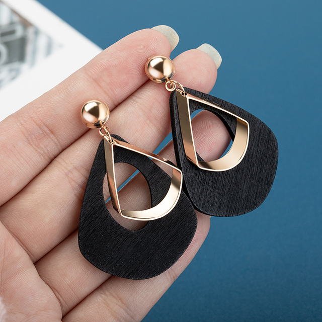 Luksusowe proste okrągłe kolczyki koreańskie złote drewniane wiszące - nowy projekt biżuterii 2020 - Wianko - 5