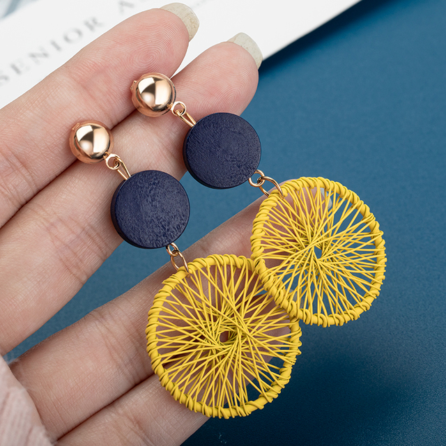 Luksusowe proste okrągłe kolczyki koreańskie złote drewniane wiszące - nowy projekt biżuterii 2020 - Wianko - 6