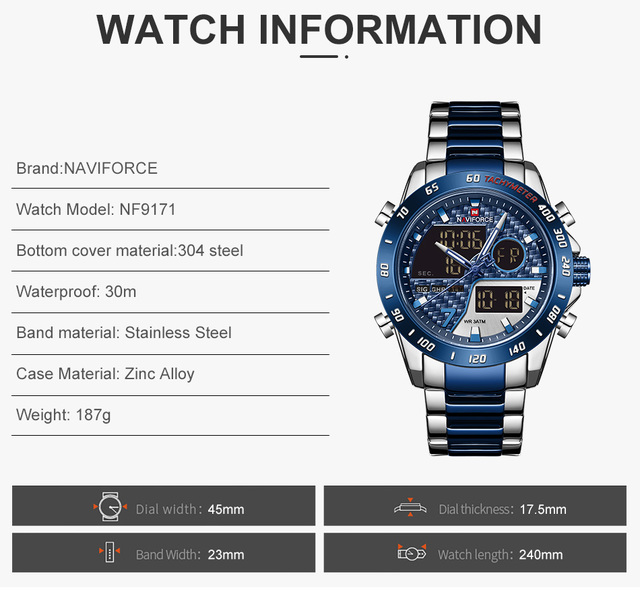 NAVIFORCE Zegarek męski luksusowy z podwójnym wyświetlaczem, analogowo-cyfrowy, relogio masculino - Wianko - 5