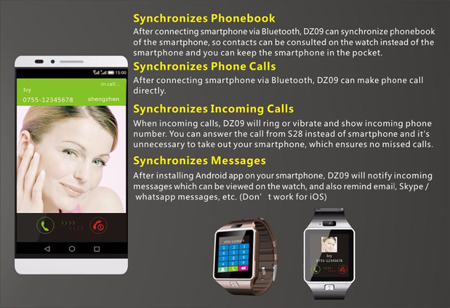 Inteligentny zegarek Bluetooth DZ09 - poręczny smartwatch z karta SIM, dla iPhone'a i smartfonów Samsung Android - Wianko - 8