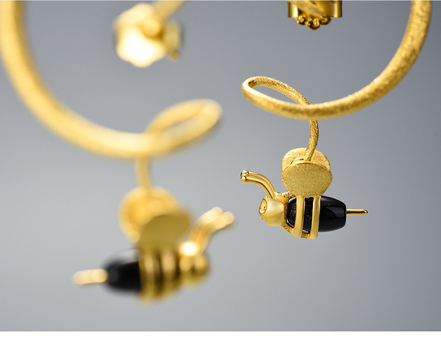 Kolczyki wiszące Lotos - naturalny kamień szlachetny, 18K złota, miód pszczoła dynda, 925 srebro, biżuteria 2021 - Wianko - 5