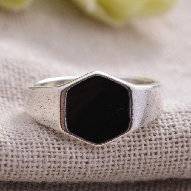Pierścień otwarty z czarną żywicą i wzorem rombu - 925 Sterling Silver - Wianko - 7