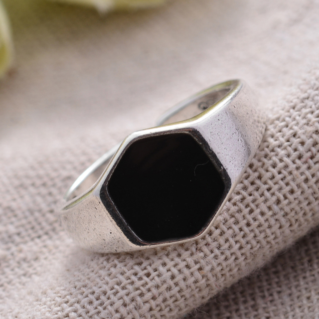 Pierścień otwarty z czarną żywicą i wzorem rombu - 925 Sterling Silver - Wianko - 6
