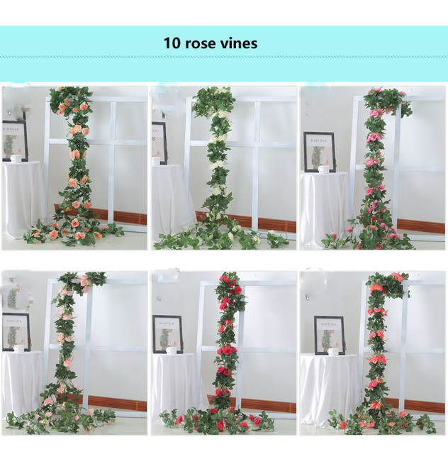 1 sztuka wiszący wianek winorośli i róży jedwabnej o kwiecie 2.2-2.3, ozdobiona sztucznymi liśćmi - idealna do dekoracji domu, ogrodu, wesela - Wianko - 2