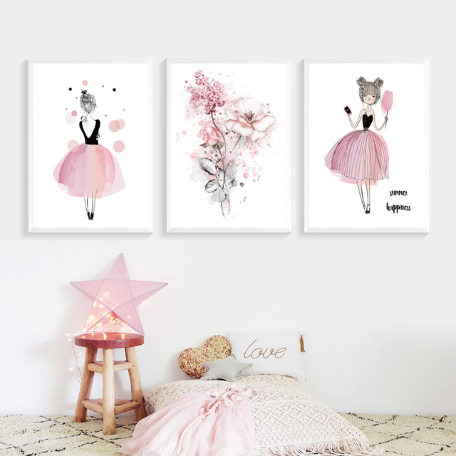 Obrazy na płótnie: Akwarela różowy Kawaii dziewczyna kwiat - plakat i druki Wall Art Picture (przedszkole, wystrój pokoju dziecięcego) - Wianko - 6