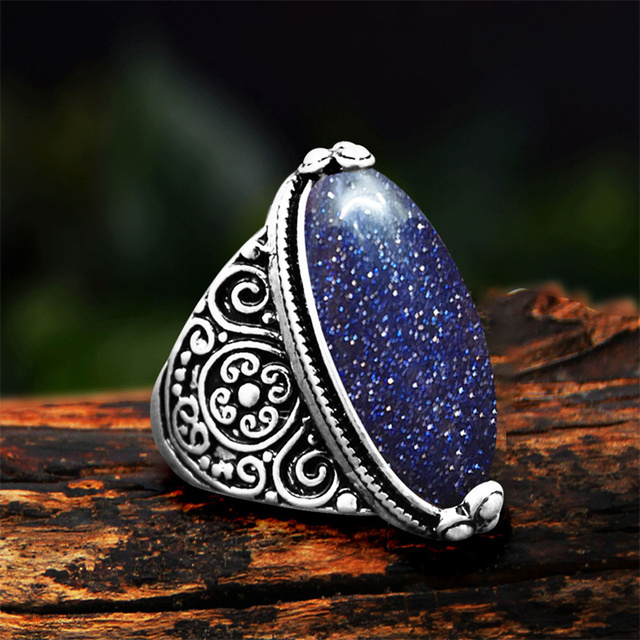 Nieregularny ciemnoniebieski kamień w kształcie oka - pierścień z ciemnoniebieskimi cekinami - modna biżuteria dla kobiet - Wianko - 20