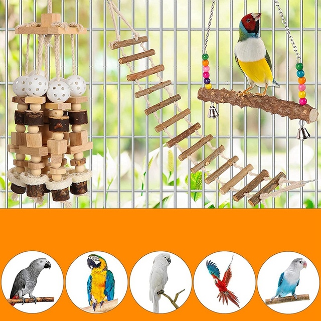 Zabawki dla papug ptaków - drewniane bloki gryzaków z huśtawką i drabinką + stojak na kakadu klatka + akcesoria do zabawek (3 szt.) - Wianko - 7